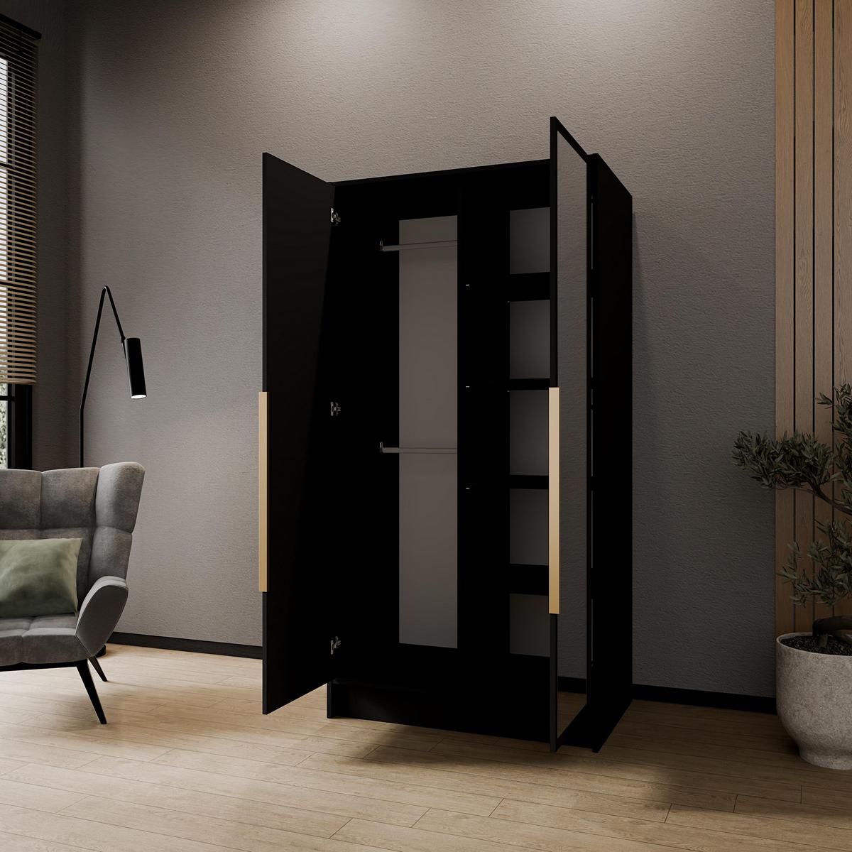 DREHTÜRENSCHRANK RENVO 102/200/51 cm Modern Kleiderschrank 2-türig mit Spiegel Schwarz - Schwarz, Holzwerkstoff (102/200/51cm) - MASSENO