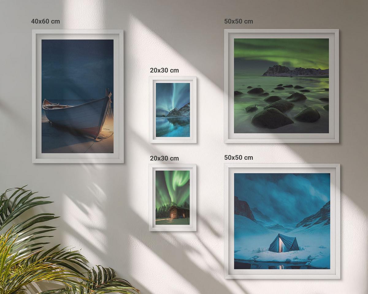 BILDER SET 5er Set - 50x50 cm & 20x30 cm & 40x60 cm Weißer Rahmen - Winterlandschaften, Nordlichter, Berge - Weiß, Kunststoff (40/60cm) - TULUP