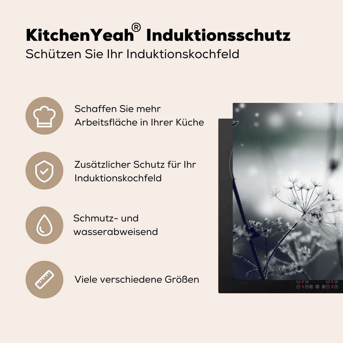 HERDABDECKPLATTE Blumen - Winter - Schnee - Natur Induktionsschutz 81.6x52.7 cm - Grau, Kunststoff (81.6/52.7/0.2cm) - MuchoWow