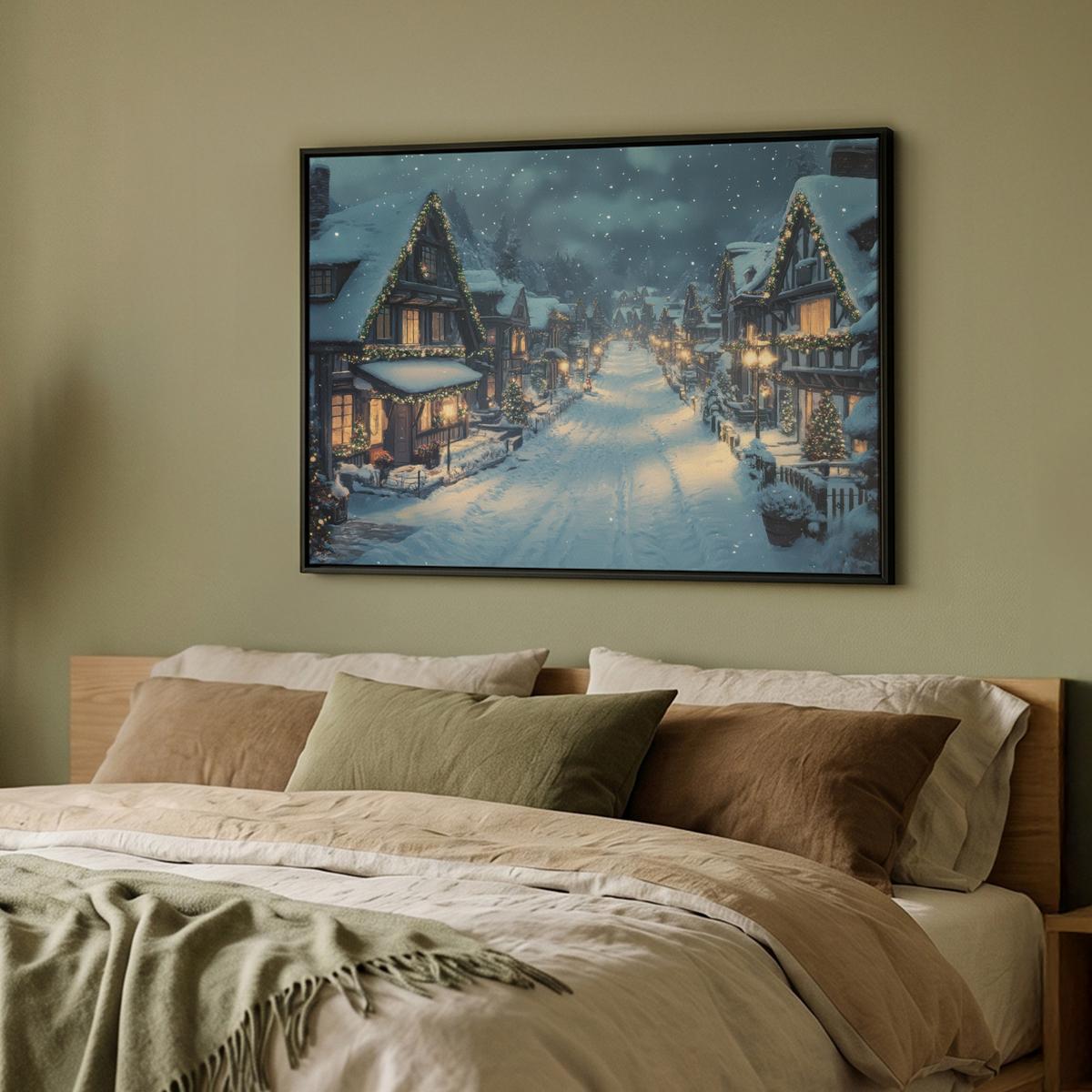 LEINWAND Bilder mit Rahmen - Weihnachtsdorf - Weihnachten - Schnee - Winter - 100x70 - Dunkelblau, Textil (100/70cm) - MuchoWow