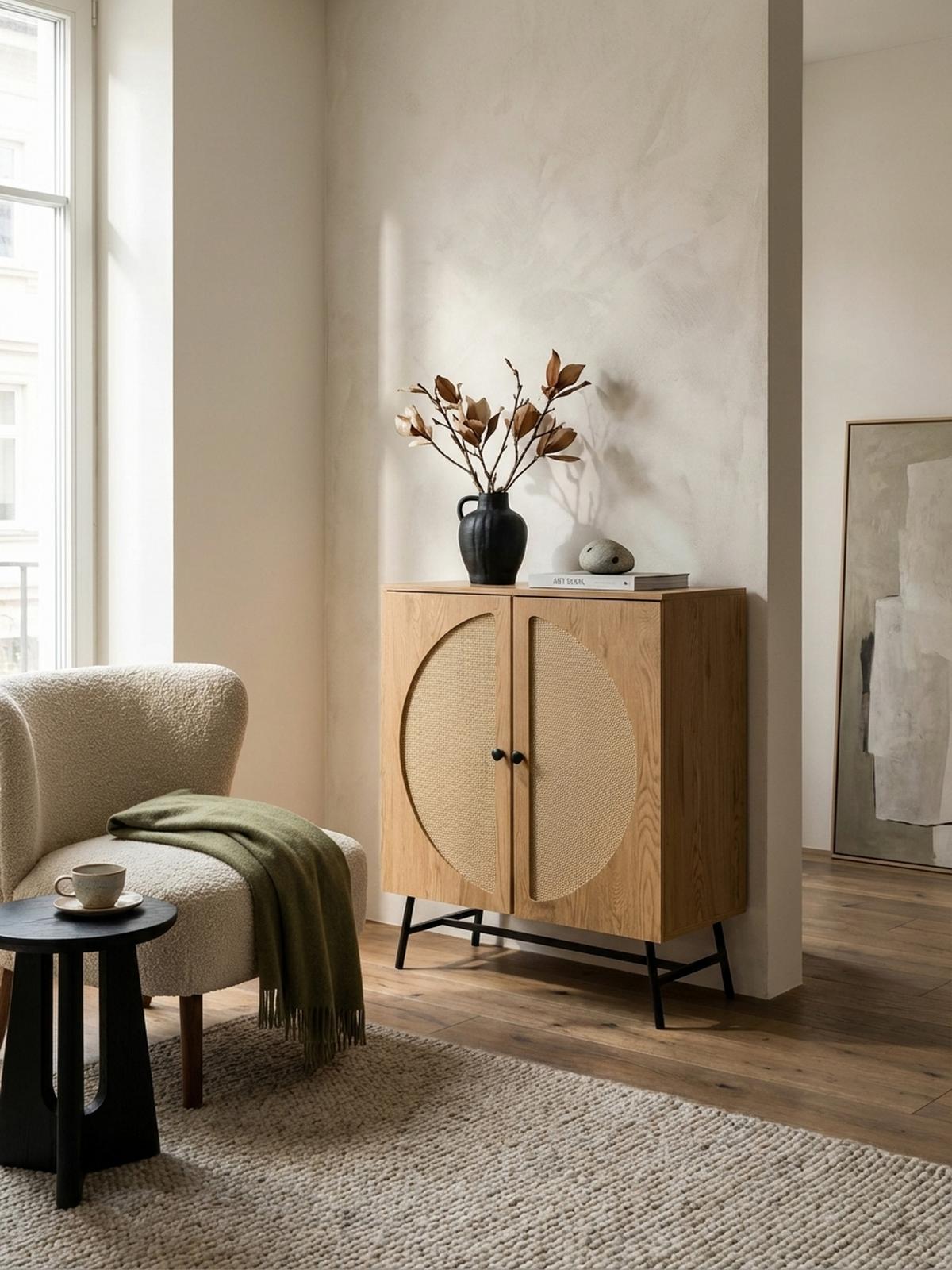 SIDEBOARD – Eiche-Dekor/Rattan, 80x103x39 cm, 2 Türen, hoch - Schwarz/Braun, Holzwerkstoff/Metall (80/103/39cm) - KADIMA DESIGN