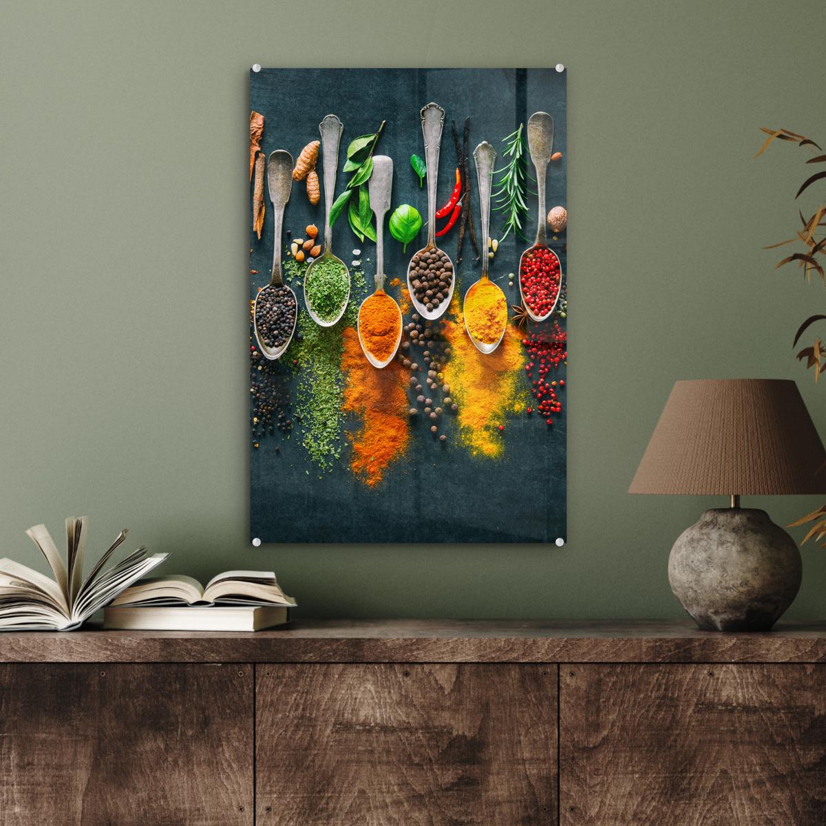 ACRYLGLASBILD Kräuter - Gewürze - Löffel Wanddeko Wohnzimmer 40x60 cm - Currygelb, Glas (40/60cm) - MuchoWow