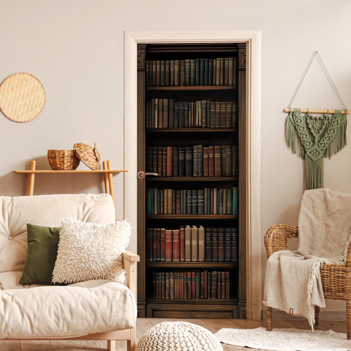 TÜRAUFKLEBER Bücherregal - Vintage - Braun Fototapete selbstklebend 80x205 cm - Türtapete - Nussbaumfarben, Kunststoff (80/0.1cm) - MuchoWow