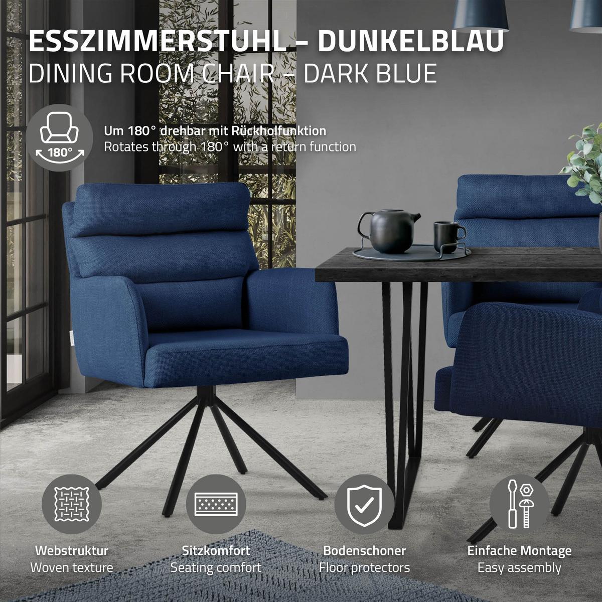 ESSZIMMERSTUHL 4er Set drehbar Dunkelblau Stoffbezug - Schwarz/Dunkelblau, Textil/Metall (64.5/93/64cm) - ML-DESIGN