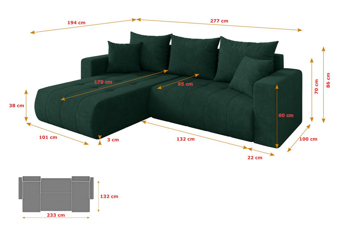 ECKSOFA mit Schlaffunktion Ottomane Links MILA-L 277x194x86 Grün Velours - Schwarz/Grün, Holzwerkstoff/Kunststoff (277/194cm) - ALTDECOR