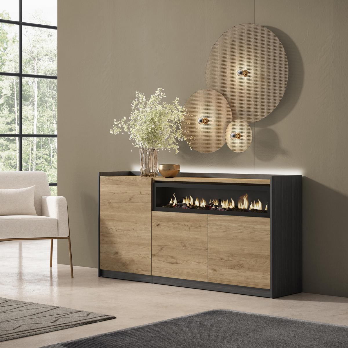 SIDEBOARD, Eiche und Schwarz, 156/37/80cm, Kamin mit Feuereffekt - Eichefarben, Holzwerkstoff (156/80/37cm) - Skraut Home