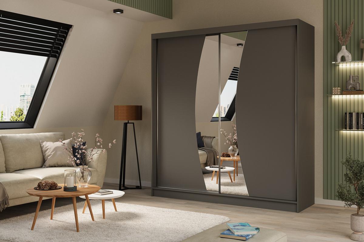 KLEIDERSCHRANK mit Spiegel-Schiebetüren und Aluminium-Leisten - VOXI - 200 cm Grau - Grau, Holzwerkstoff (200/216/61cm) - ALTDECOR