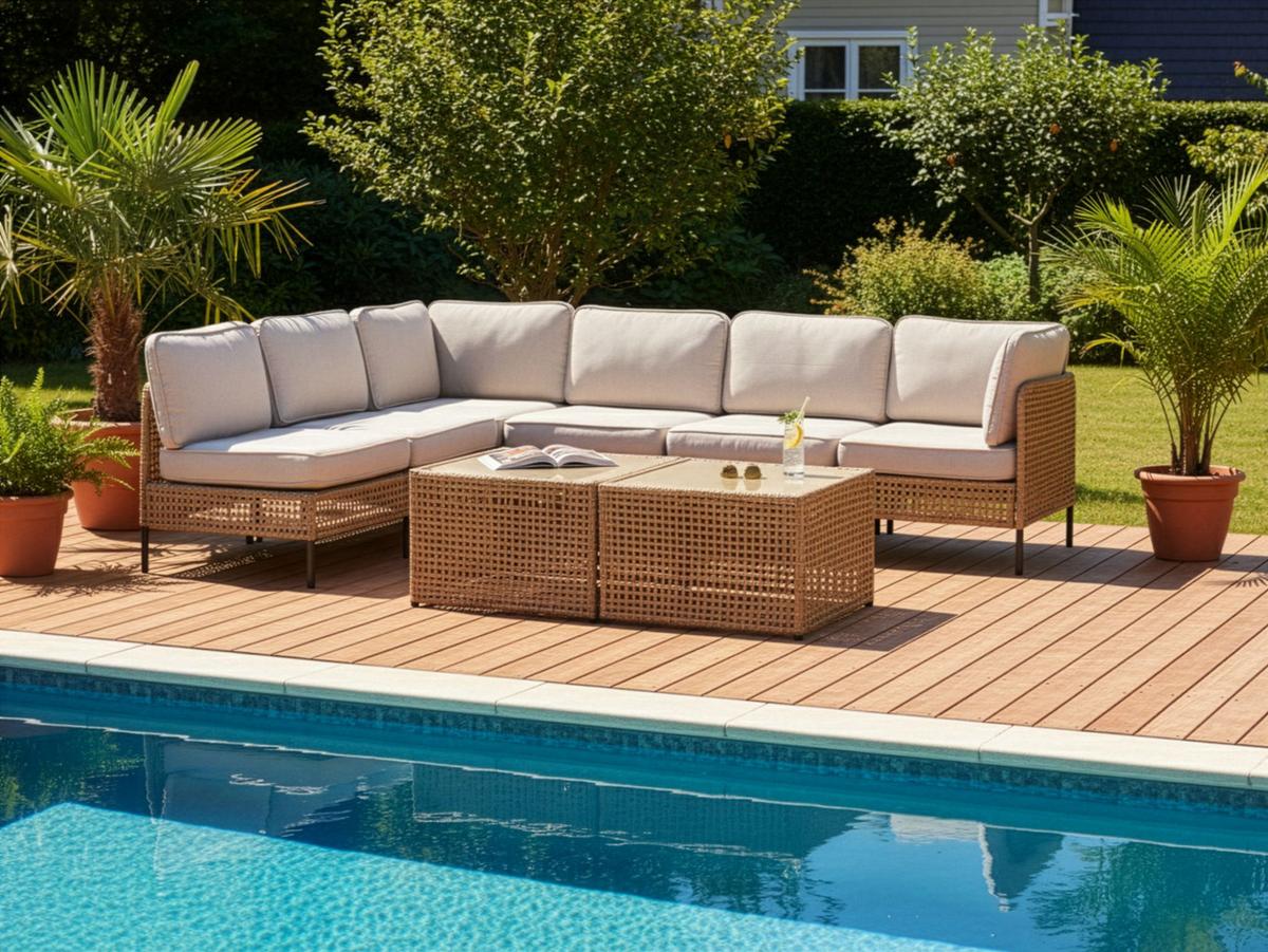 GARTEN-ECKSOFA mit Tisch 6-Sitzer modular Polyrattan Hellbeige Omegana - Beige/Schwarz, Kunststoff (276/207cm) - Beliani