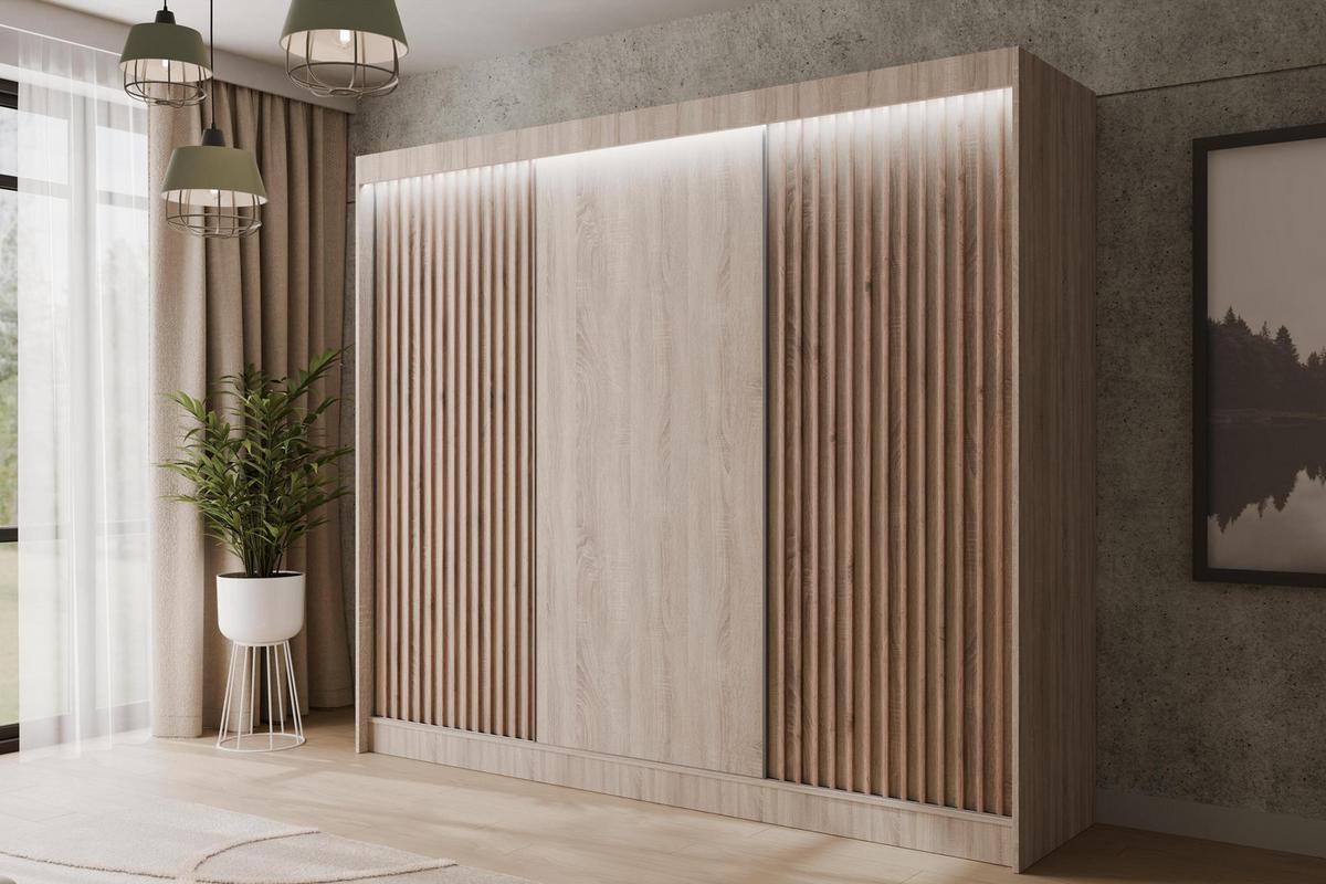 KLEIDERSCHRANK mit LED, Lamel-Schiebetüren VILANv2 - 250 cm Sonoma Eiche + Sonoma Eiche + Lamelle Eiche Wotan - Eiche Wotan/Sonoma Eiche, Holzwerkstoff (250/215/61cm) - ALTDECOR