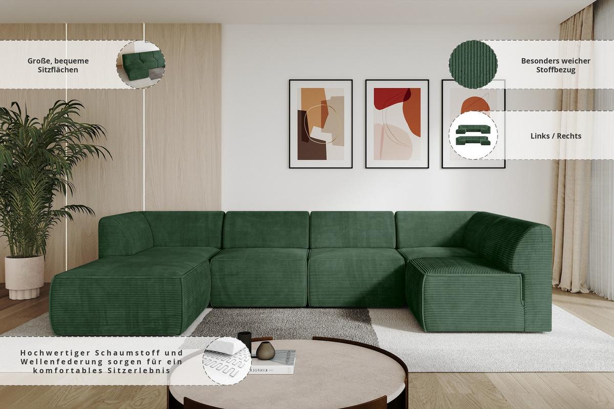 WOHNLANDSCHAFT Ottomane Links MOVO-L 345x180x78 cm Grün Cord - Grün, Holzwerkstoff/Kunststoff (345/78/180cm) - ALTDECOR