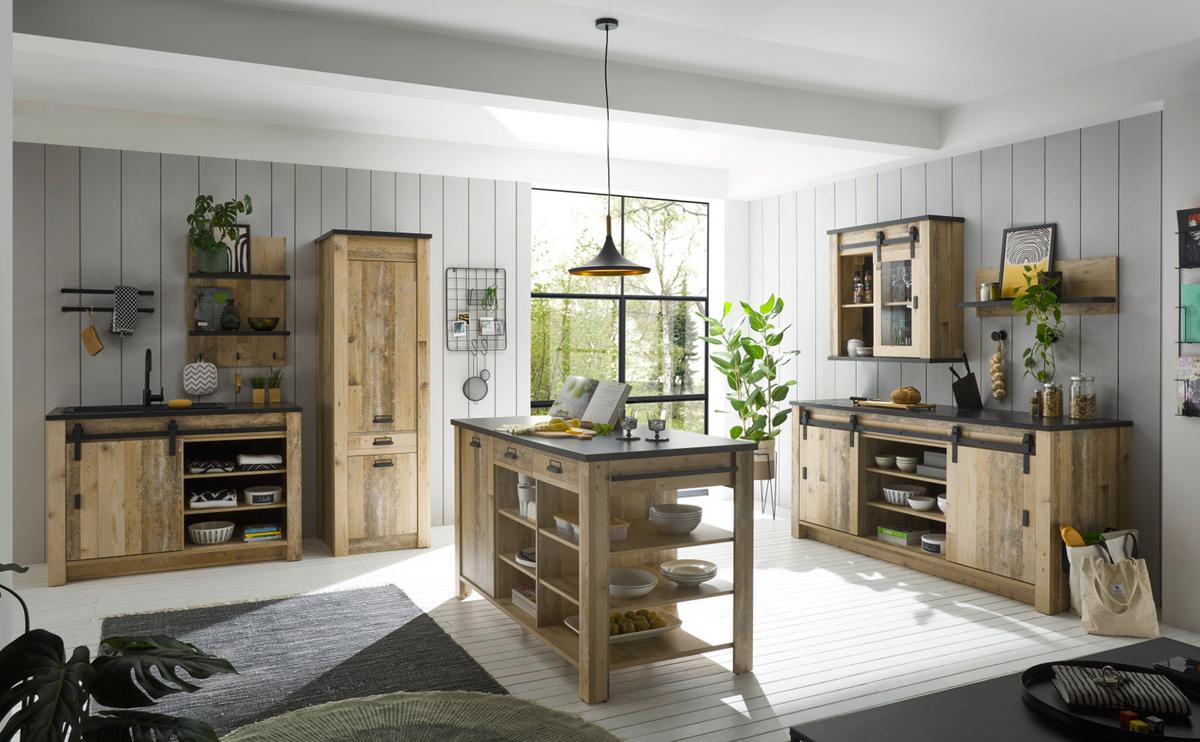 KÜCHENZEILE in Used Wood, anthrazit 4-teilig 196 cm, Küchenschrank-Set im Landhaus-Stil - Anthrazit/Schwarz, Holzwerkstoff/Metall (196/180/64cm) - Furn.Design