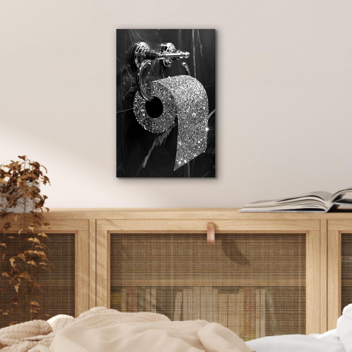 METALLBILD WC - Toilettenpapier - Schwarz und weiß - Glitter 20x30 cm - Silberfarben, Metall (20/30cm) - MuchoWow