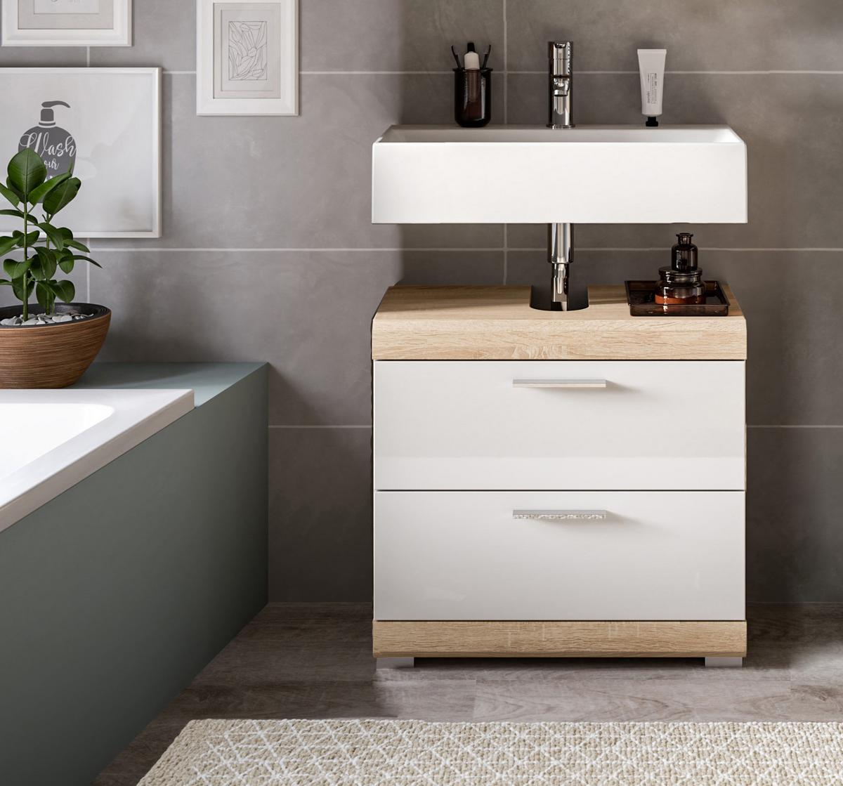 WASCHBECKENUNTERSCHRANK weiß Hochglanz, Eiche 60 cm, Schubkästen mit Vollauszug - Weiß Hochglanz/Eichefarben, Holzwerkstoff/Kunststoff (60/56/37cm) - Inn.Furn