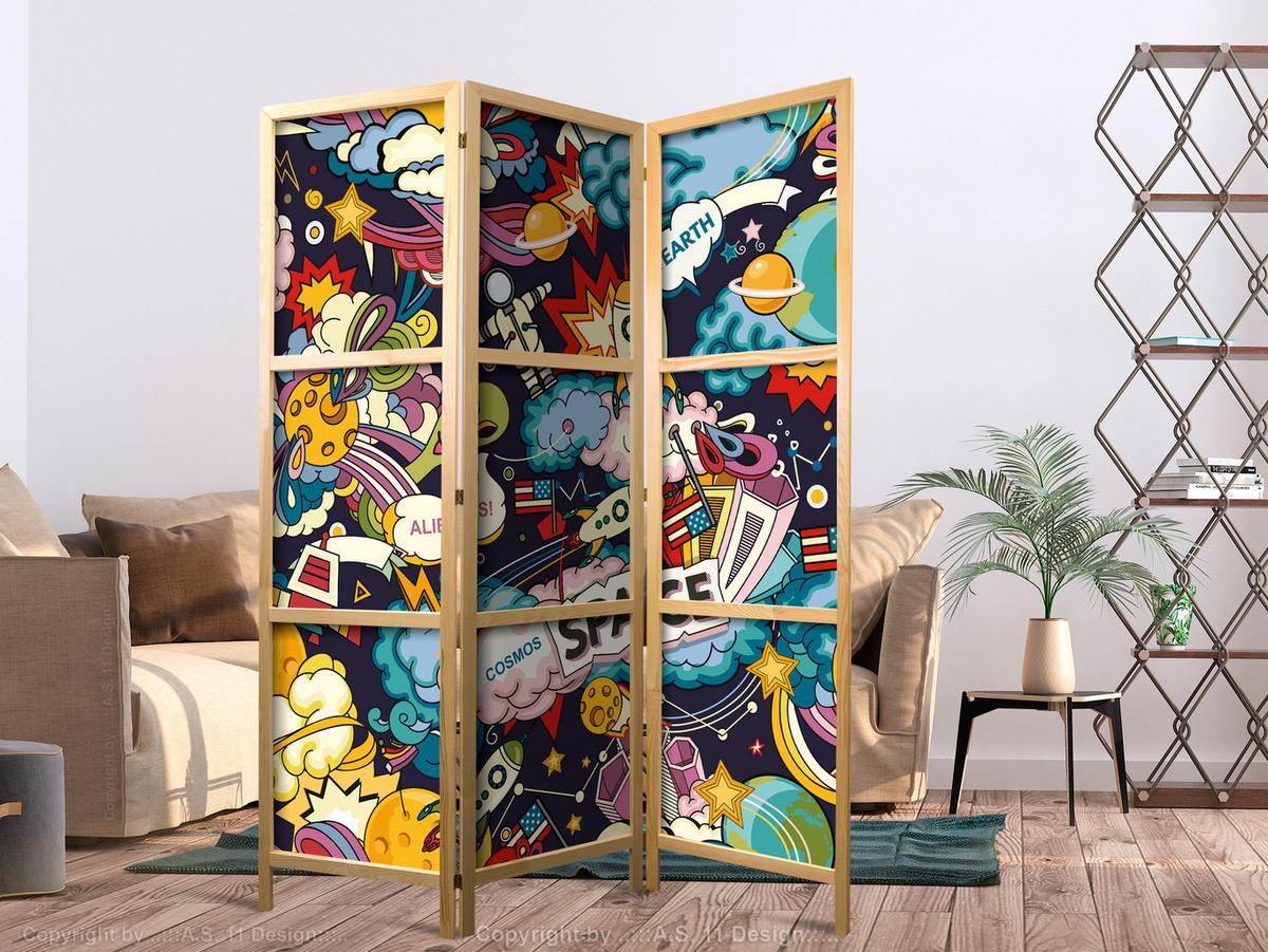 PARAVENT Japanischer 3-tlg 135x172 cm Bunter Comic-Stil - Multicolor, Holz/Textil (135/172/3cm) - Muralo