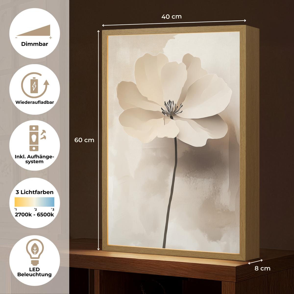 WANDLEUCHTE MIT AKKU Blume - Beige - Farbe - Schatten 40x60 cm - Beige, Holzwerkstoff (40/60/8cm) - OnlyWow