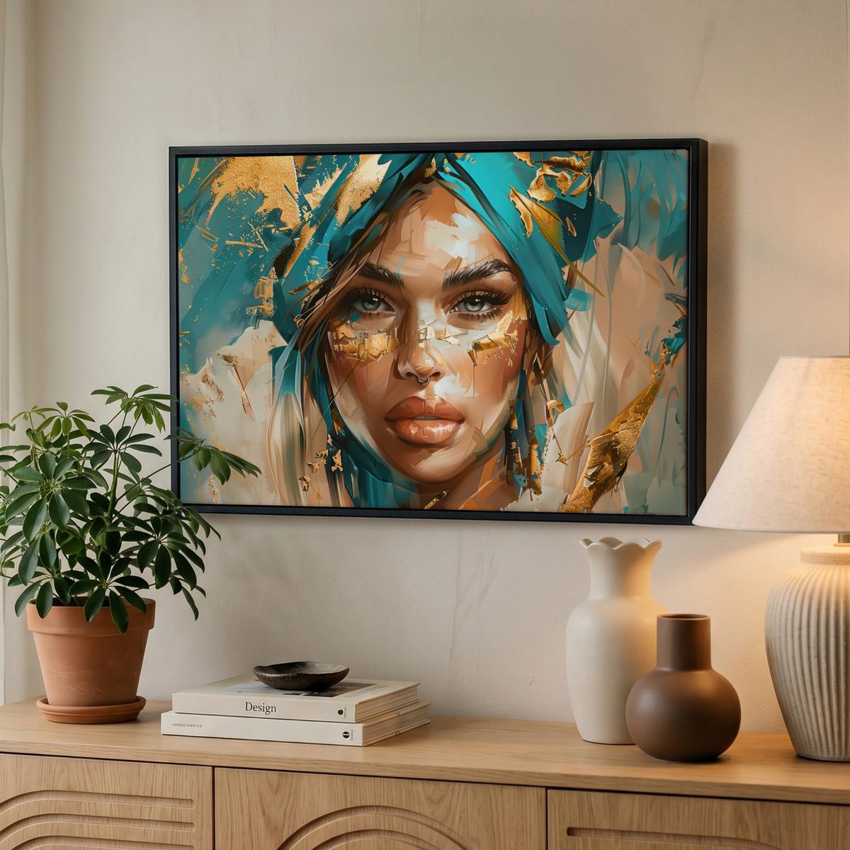LEINWAND Bilder mit Rahmen - Frau - Porträt - Gold - Luxus - Blau - 60x40 - Türkis, Textil (60/40cm) - MuchoWow