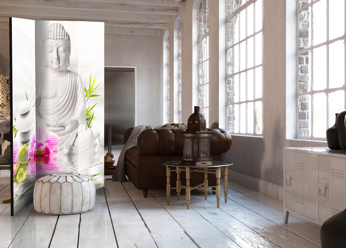PARAVENT Einseitig Bedruckter 3-tlg 135x172 cm Buddha Statue Orchideen - Multicolor, Holz/Textil (135/172/3cm) - Muralo