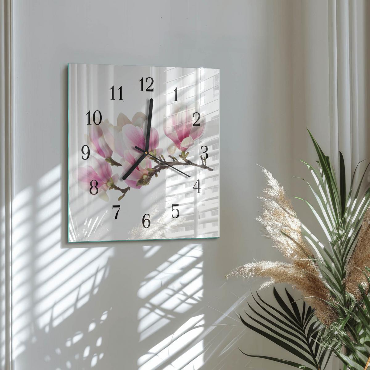 WANDUHR aus Glas 30x30 cm - Magnolie - Pink, Glas (30/30/0.4cm) - TULUP