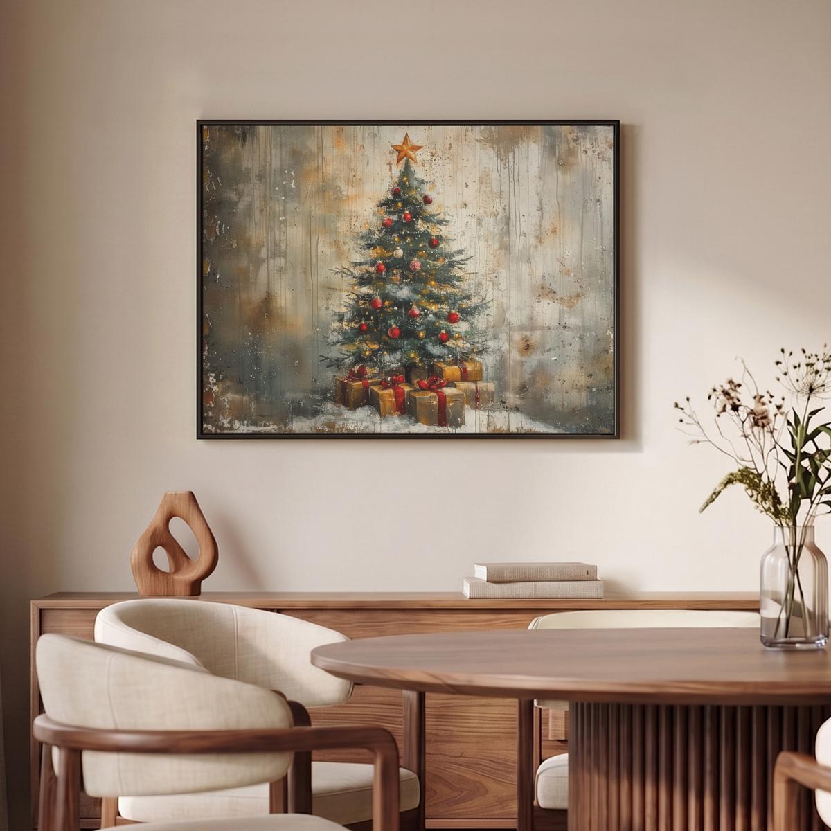 LEINWAND Bilder mit Rahmen - Weihnachtsbaum - Vintage - Weihnachten - Geschenk - 80x60 - Rostfarben, Textil (80/60cm) - MuchoWow