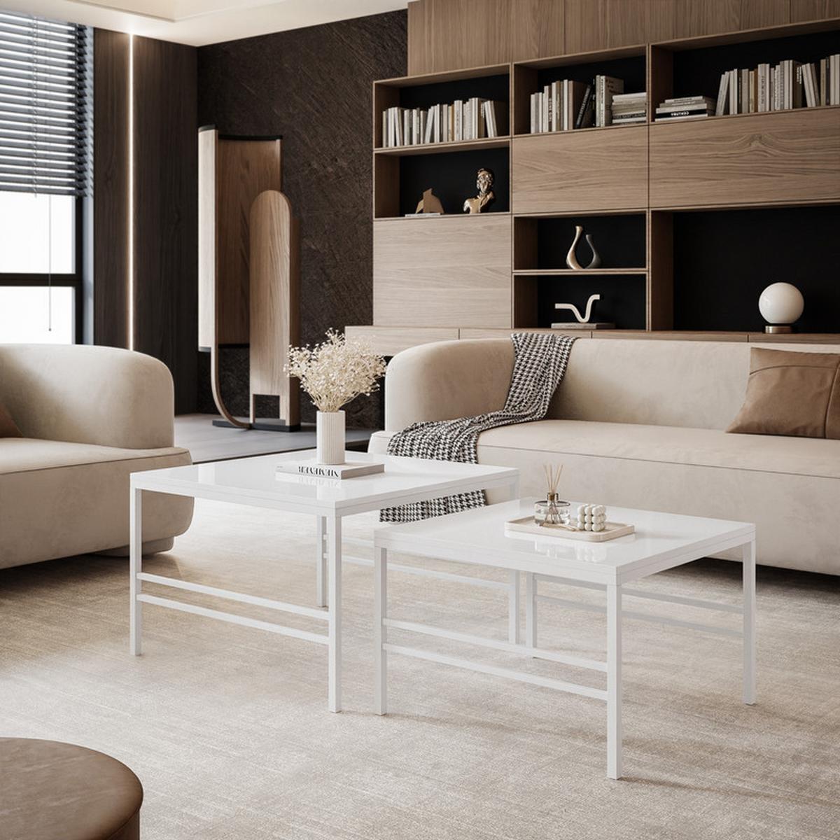 COUCHTISCH-SET FORMA 70/60 cm Quadratische, Weiß Hochglanz - Weiß Hochglanz/Weiß, Metall (70/70/46cm) - Idohome