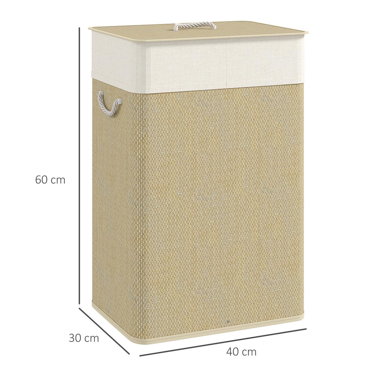 BAMBUS Wäschekorb mit Deckel 72 L Wäschesammler mit Seilgriffen Naturholz - Creme/Naturfarben, Naturmaterialien/Textil (30/60/40cm) - HOMCOM