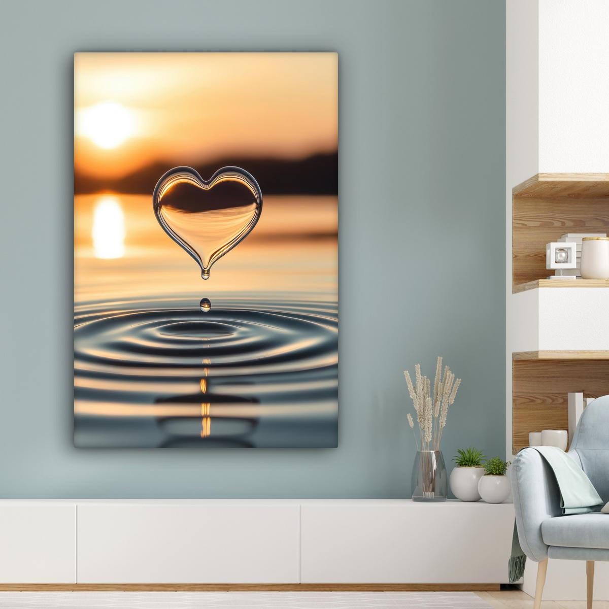 LEINWANDBILD Herz - Wasser - Sonnenuntergang - Natur - Zen Deko XXL 80x120 cm - Bernsteinfarben, Textil (80/120cm) - MuchoWow