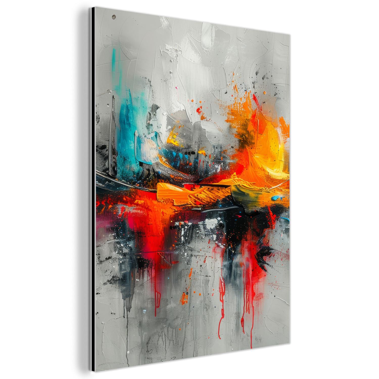 METALLBILD Moderne Kunst - Orange - Grau - Abstrakt 60x80 cm - Hellgrau, Metall (60/80cm) - MuchoWow