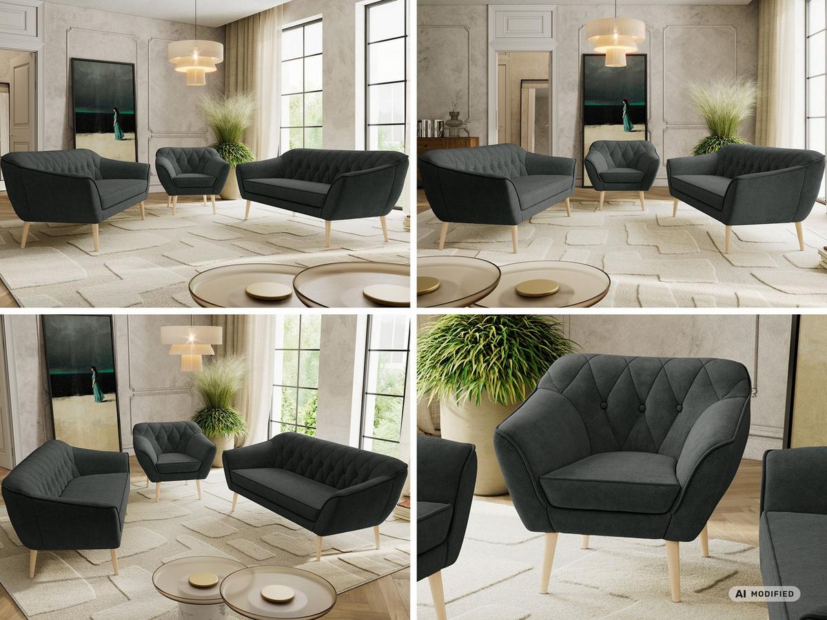 SITZGARNITUR PIRS 3+3+1 - Dunkelgrau Strukture - Holzbeine - Dunkelgrau/Buchefarben, Holzwerkstoff/Textil (180/75/74cm) - MKS