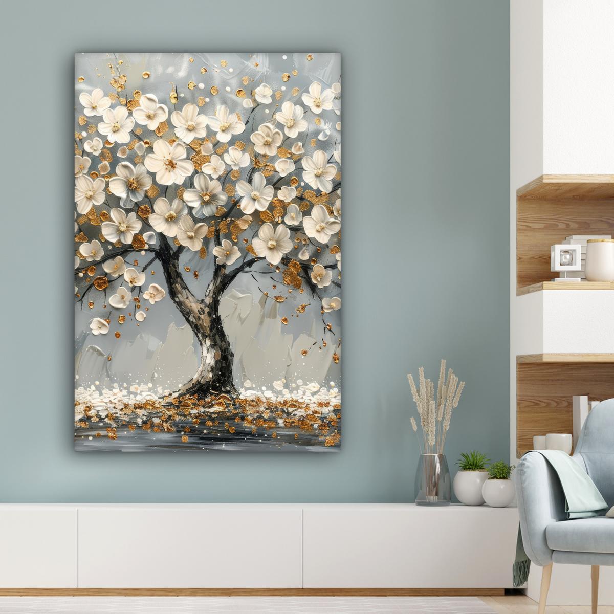 LEINWANDBILD Baum - Blumen - Weiß - Natur - Kunst Deko XXL 80x120 cm - Weiß, Textil (80/120cm) - MuchoWow