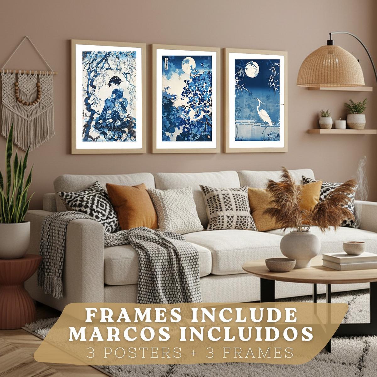 POSTER 3er Bilder-Set Wandbilder Japan Stil modern Wohnzimmer Deko, Schlafzimmer, Küche, Badezimmer Leichter Holzrahmen A3 - Beige, Papier (29.7/1/42cm) - Nacnic