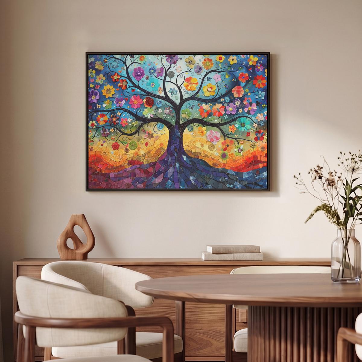 LEINWAND Bilder mit Rahmen - Kunst - Baum des Lebens - Blumen - Hippie - 70x50 - Dunkelblau, Textil (70/50cm) - MuchoWow
