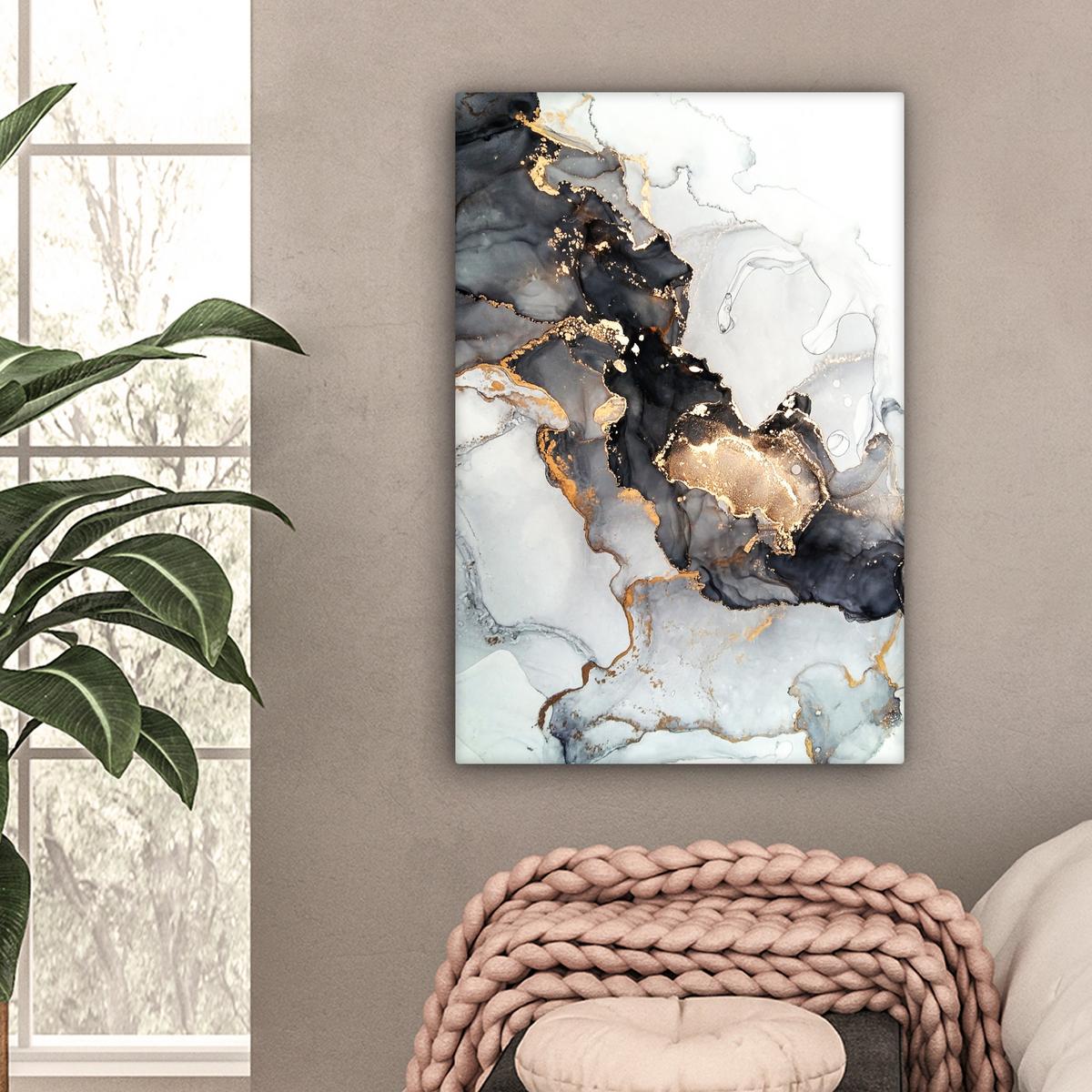 LEINWANDBILD Marmor - Schwarz - Weiß - Gold - Luxus - Abstrakt Wanddeko Schlafzimmer 60x90 cm - Goldfarben, Textil (60/90cm) - MuchoWow