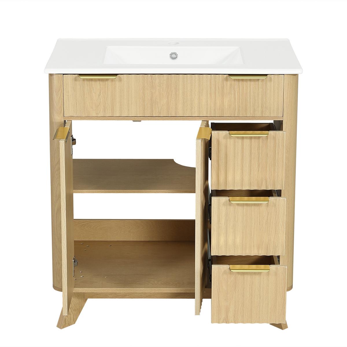 WASCHTISCHUNTERSCHRANK Holzoptik Wellenmuster 3 Schubladen & Doppeltüren - Naturfarben, Holzwerkstoff (81/90/47cm) - Urban Meuble
