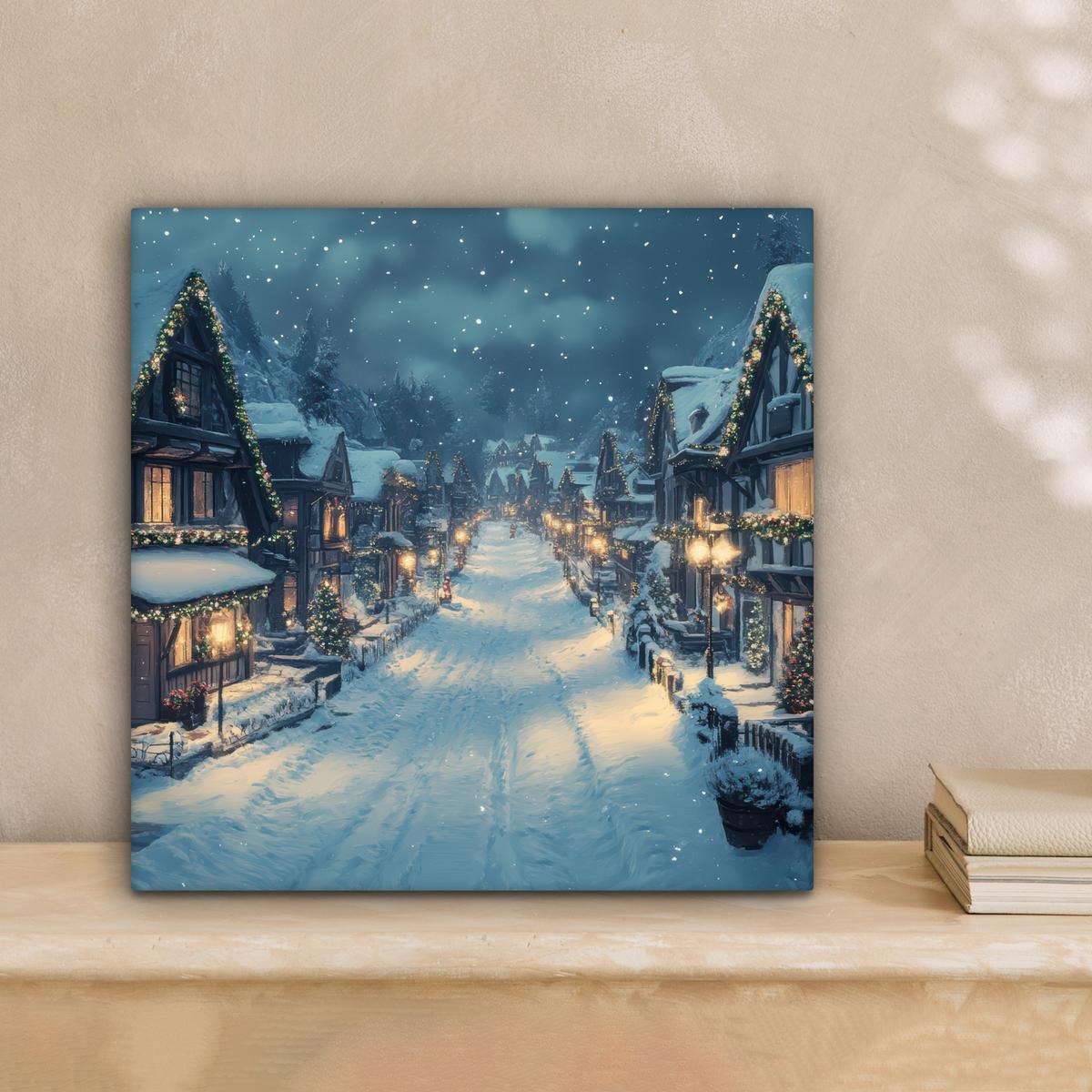 LEINWANDBILD Weihnachtsdorf - Weihnachten - Schnee - Winter Deko Wohnzimmer 20x20 cm - Dunkelblau, Textil (20/20cm) - MuchoWow