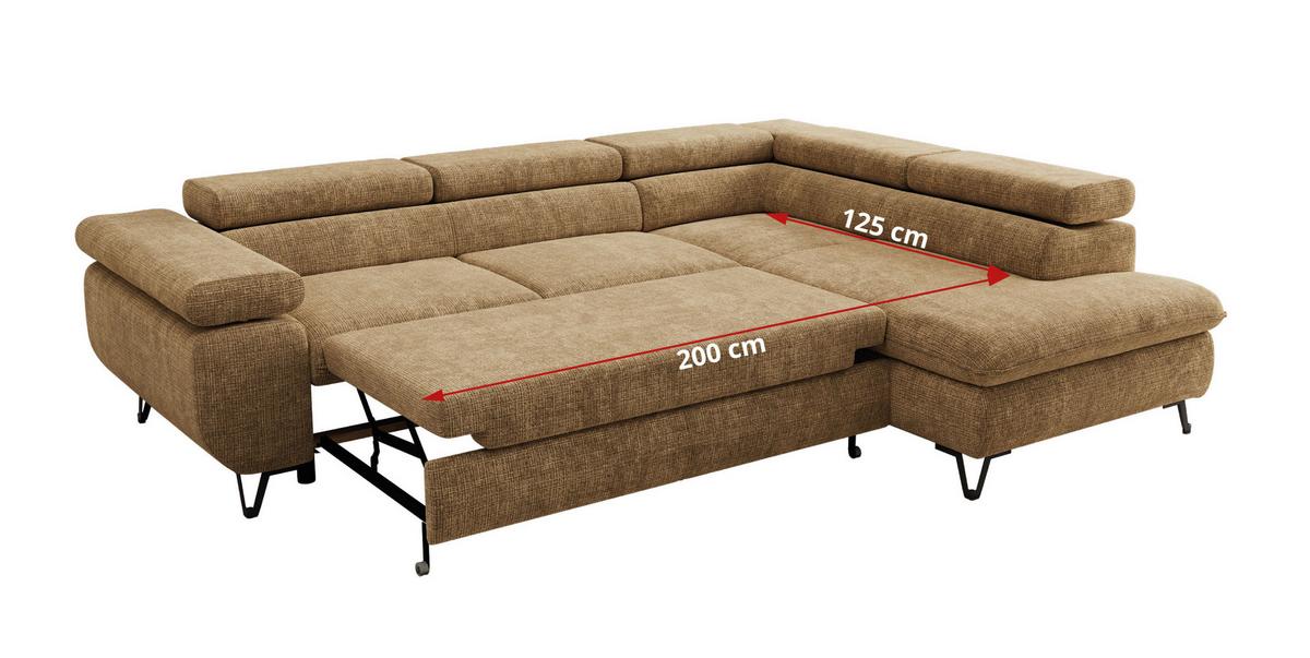 ECKSOFA PABLO L Hellbraun Schenille grob gewebt - Links Seite mit Visco Topper - Hellbraun/Schwarz, Textil/Metall (208/273cm) - MKS