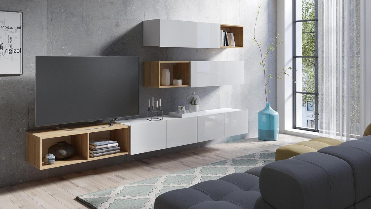 WOHNWAND Kossana 25 Modern Weiß/Goldene Eiche 300/104/43 cm Designmöbel - Weiß, Holzwerkstoff/Kunststoff (300/105/43cm) - AX Living