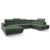 WOHNLANDSCHAFT CORENO Grün Boucle-Stoff mit Schlaffunktion - Grün, Holz (345/88/190cm) - MASSENO