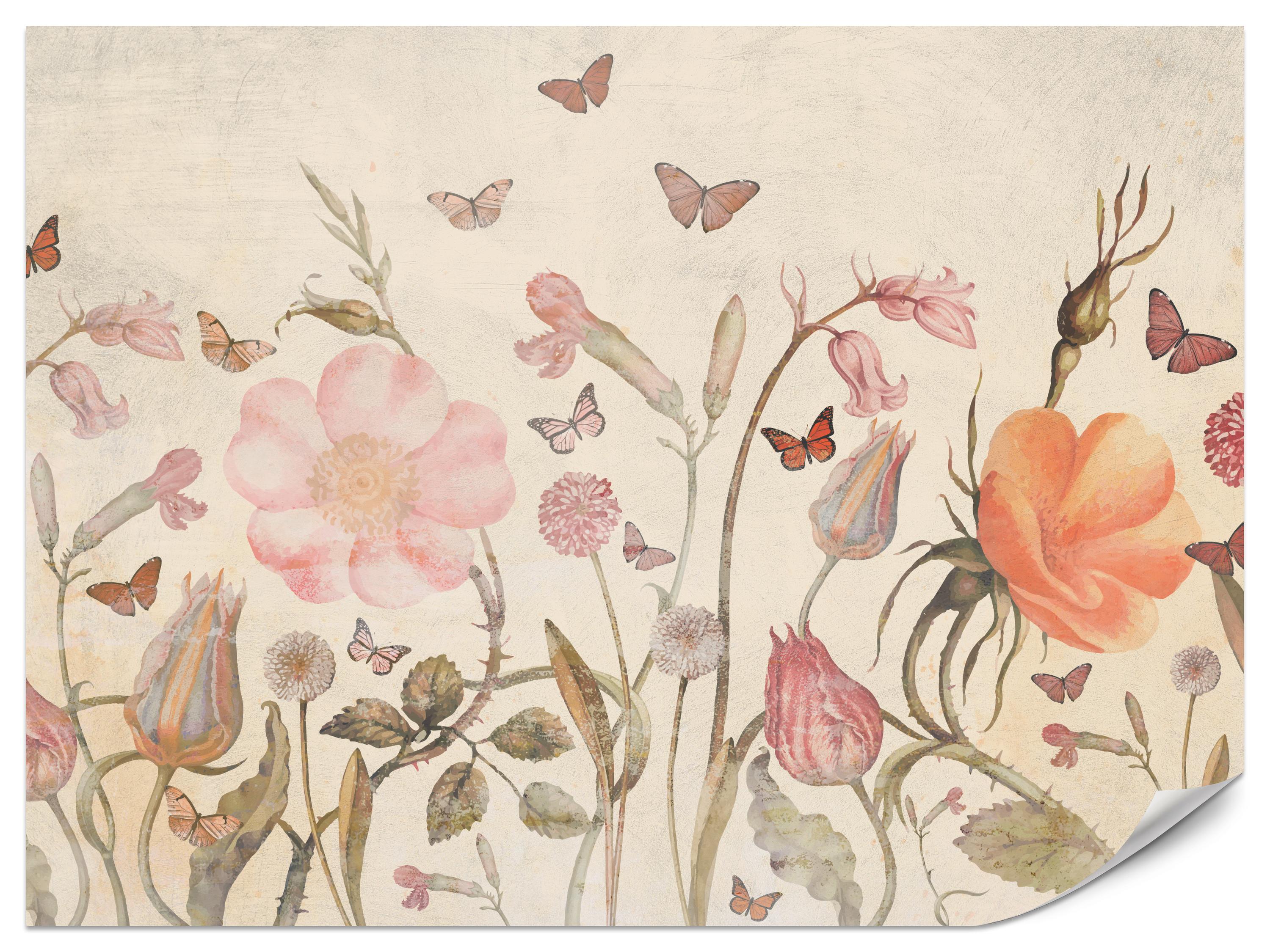 FOTOTAPETE für Kinderzimmer Wiesenblumen Aquarell Schmetterlinge Boho 450x315 - Beige/Rot, Papier (450/315cm) - Muralo