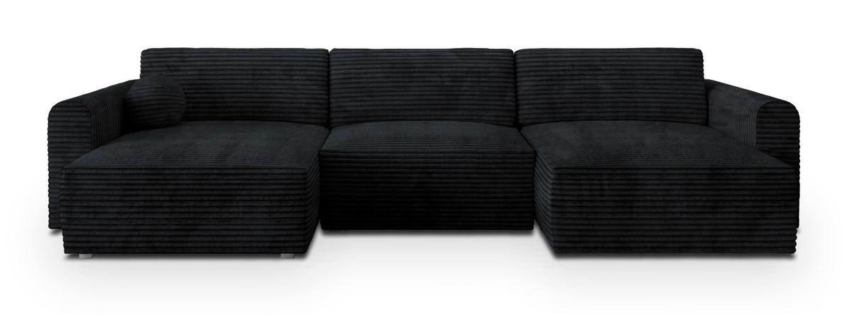 WOHNLANDSCHAFT FENTO Schwarz Kordstoff mit Schlaffunktion - Schwarz, Holz (347/90/148cm) - MASSENO