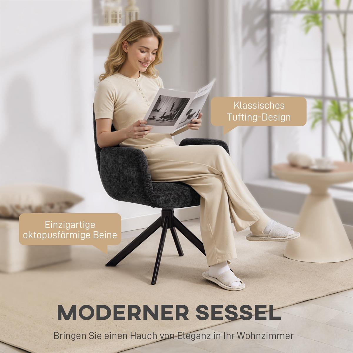 SESSEL Drehbar Loungesessel mit Armlehne Wolle-Leinenoptik Schwarz - Schwarz, Textil/Metall (61/88/60cm) - HOMCOM