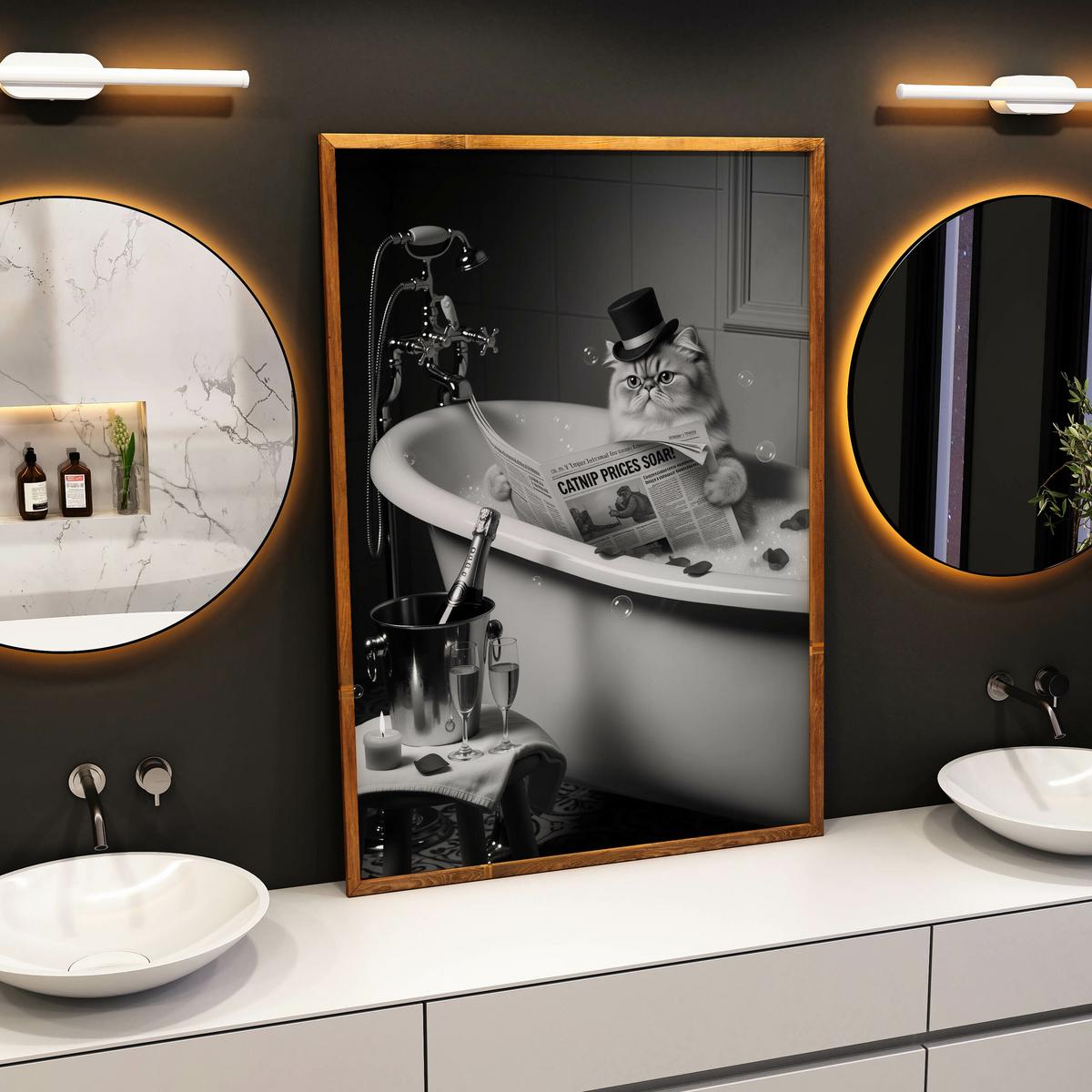 POSTER für Badezimmer WC KATZE in Badewanne Zeitung Abstraktion 30x40cm - Schwarz/Weiß, Papier (30/40/1cm) - Muralo