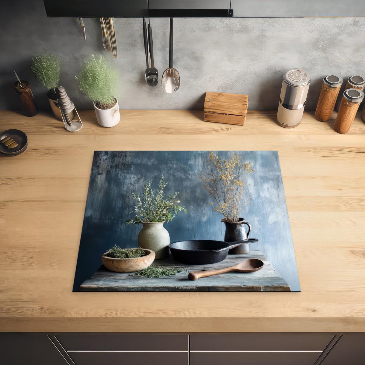 HERDABDECKPLATTE Stilleben - Kräuter - Rustikal Abdeckung Ceranfeld 59x51 cm - Blaugrau, Kunststoff (59/51/0.2cm) - MuchoWow