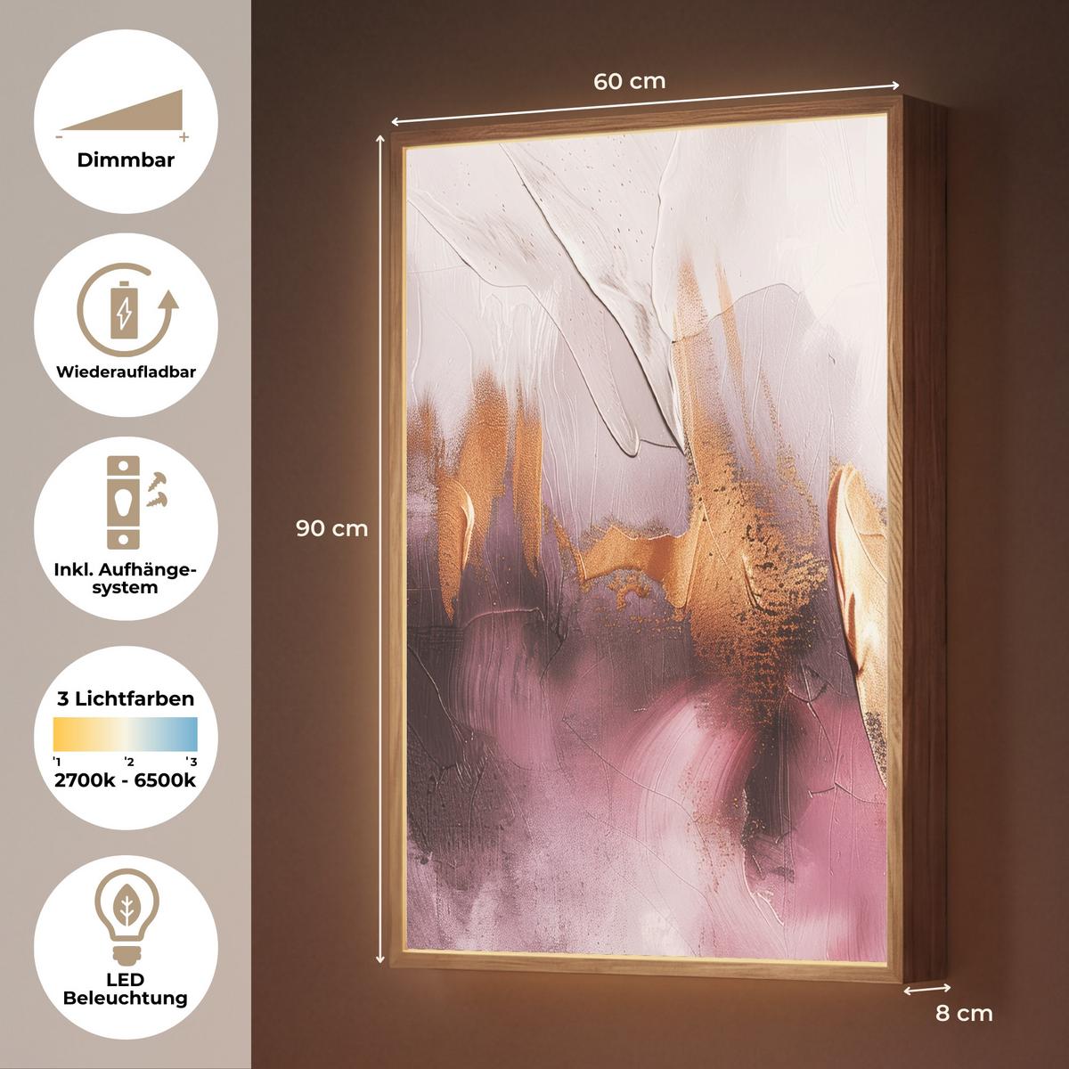 WANDLEUCHTE MIT AKKU Lila - Abstrakt - Farbe - Gold 60x90 cm - Mauve, Holzwerkstoff (60/90/8cm) - OnlyWow