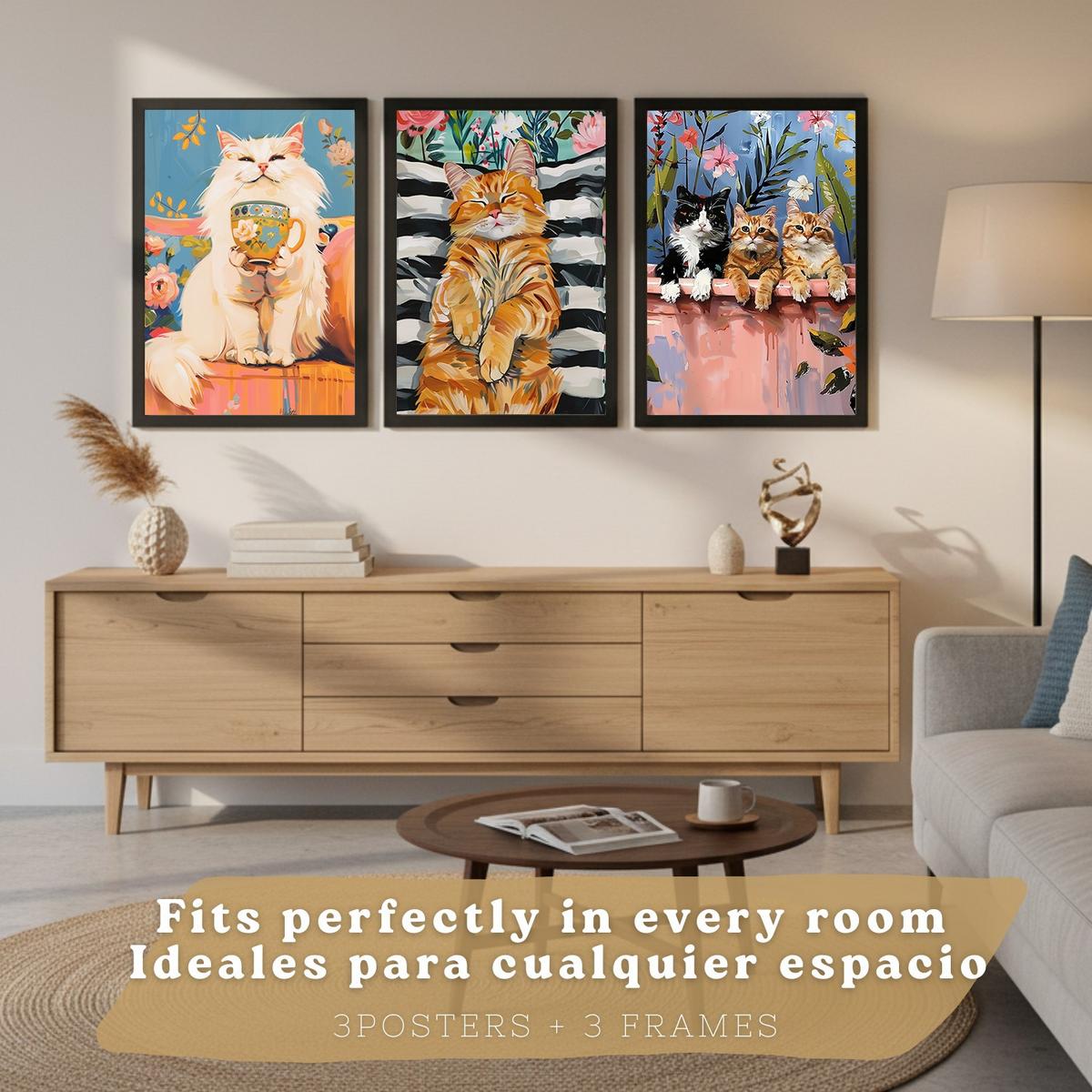 POSTER 3er Kunstdruck-Set Wandbilder Katzen modern Wohnzimmer Deko, Schlafzimmer, Küche, Badezimmer Schwarzer Rahmen A3 - Schwarz, Papier (29.7/1/42cm) - Nacnic