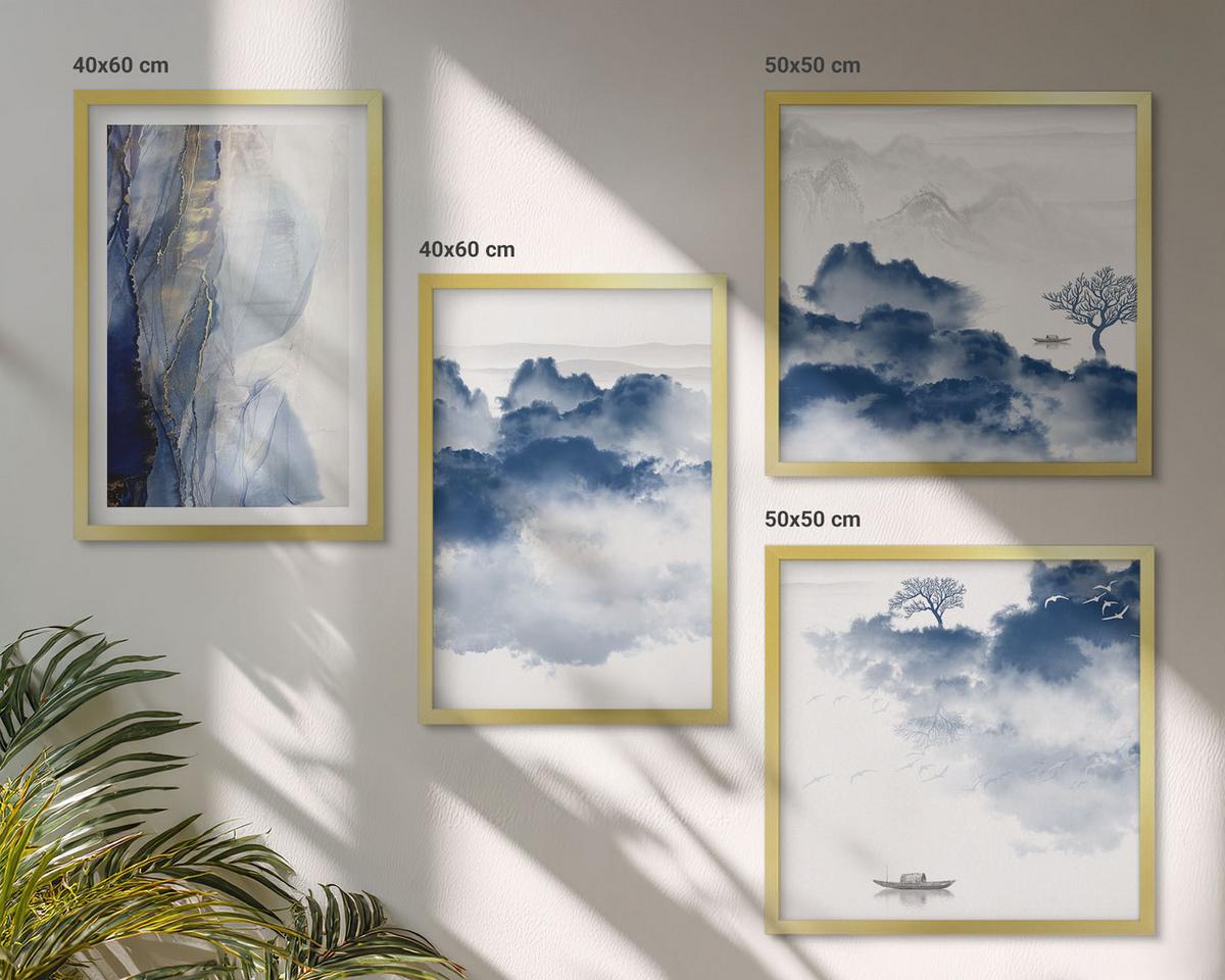 BILDER SET 4er Set - 50x50 cm & 40x60 cm Goldrahmen - Berge, Wolken, Bäume, Vögel im Hintergrund - Goldfarben, Kunststoff (50/50cm) - TULUP