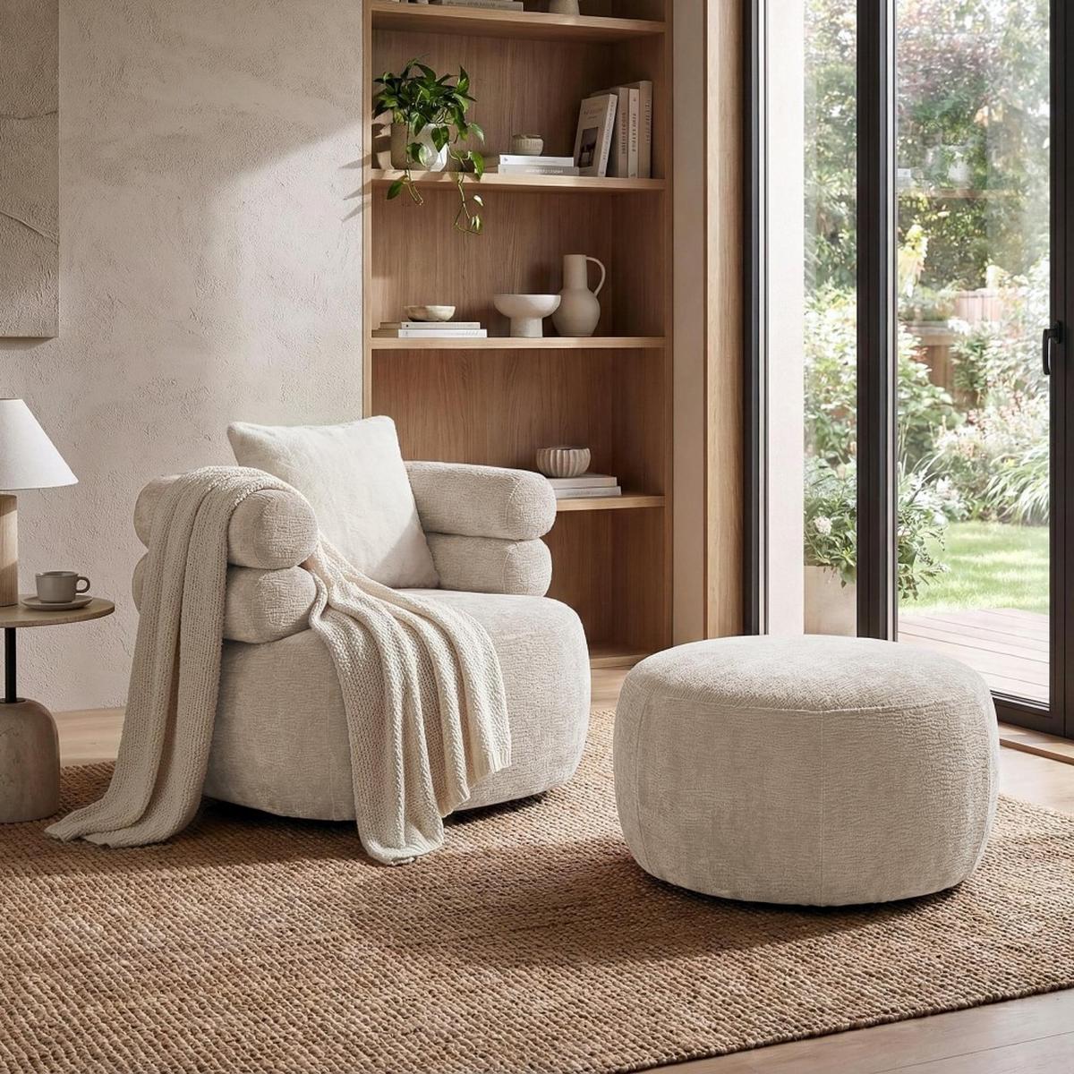 RELAXSESSELSET Nano, Set Drehsessel mit runder Form mit Hocker, Beige - Beige, Textil (95/75/95cm) - Beautysofa