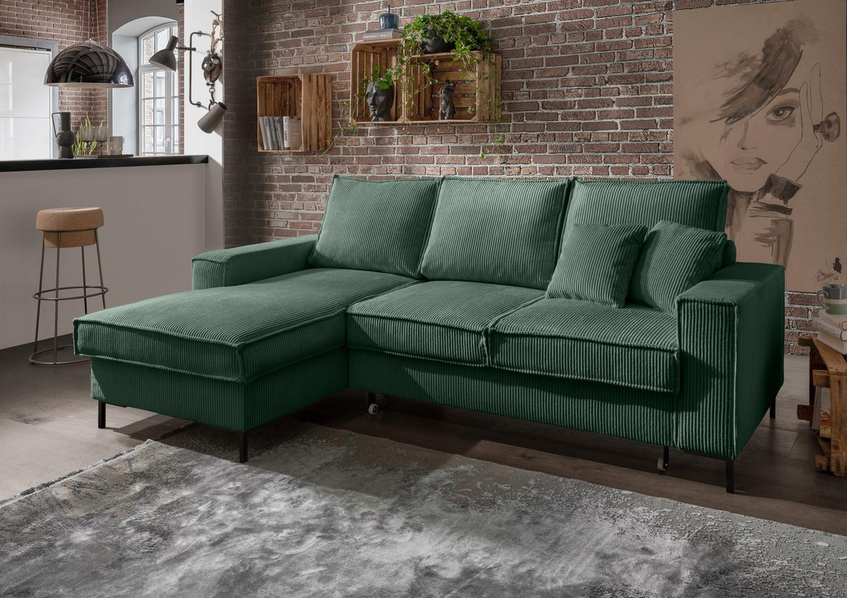ECKSOFA mit Schlaffunktion, Bettkasten, Wellenunterfederung, Récamiere links B240/T150/H92 cm, Liegefl. 125x198 cm, Cord Grün / 17224 - Schwarz/Grün, Textil/Metall (240/150cm) - luma-home