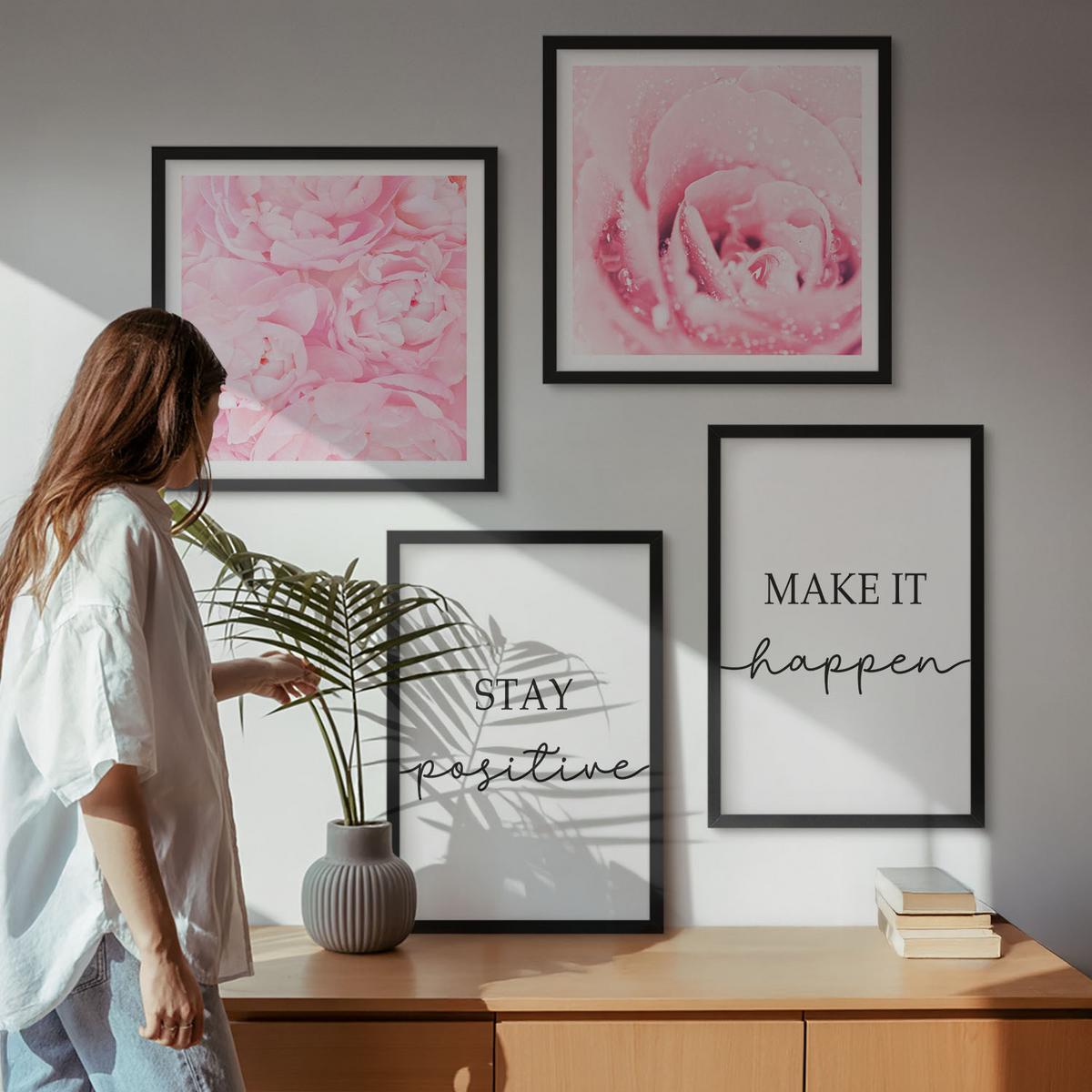 BILDER SET 4er Set - 50x50 cm & 40x60 cm Schwarzer Rahmen - Minimalistische rosa Blüten - Schwarz, Kunststoff (50/50cm) - TULUP