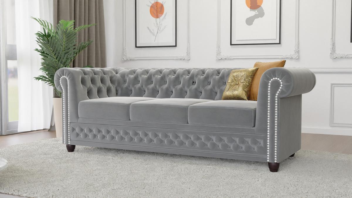 CHESTERFIELD-SOFA 3-Sitzer mit Schlaffunktion Nyx Grau Samt - Braun/Grau, Holz/Textil (203/28/86cm) - S-Style Möbel