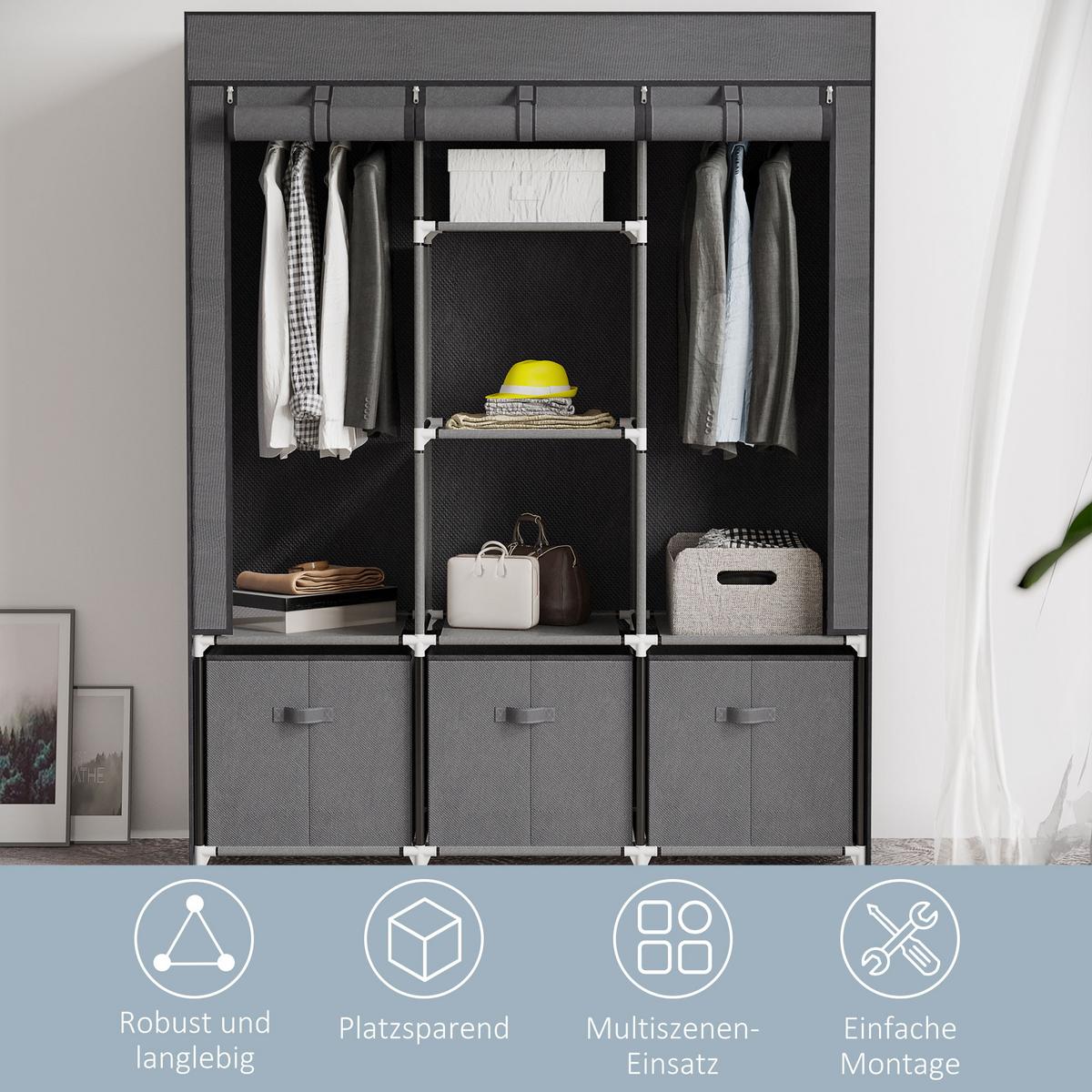 STOFFSCHRANK, Kleiderschrank, Faltschrank mit Reißverschluss, Faltbare Garderobe - Dunkelgrau, Kunststoff/Textil (43/162.5/125cm) - HOMCOM